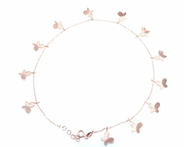 925 Ayar Rose Gümüş 12 Kelebekli Halhal Bileklik, Beyaz Taş - Resim 2