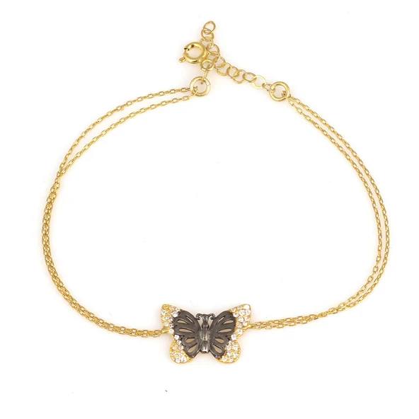 925 Ayar Gümüş Kelebek Model Bileklik, Sarı - Beyaz Taş ürün görseli 1