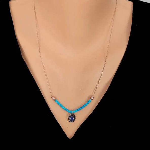 925 Ayar Gümüş Safir ve Firuze Taşlı Kolye ürün görseli