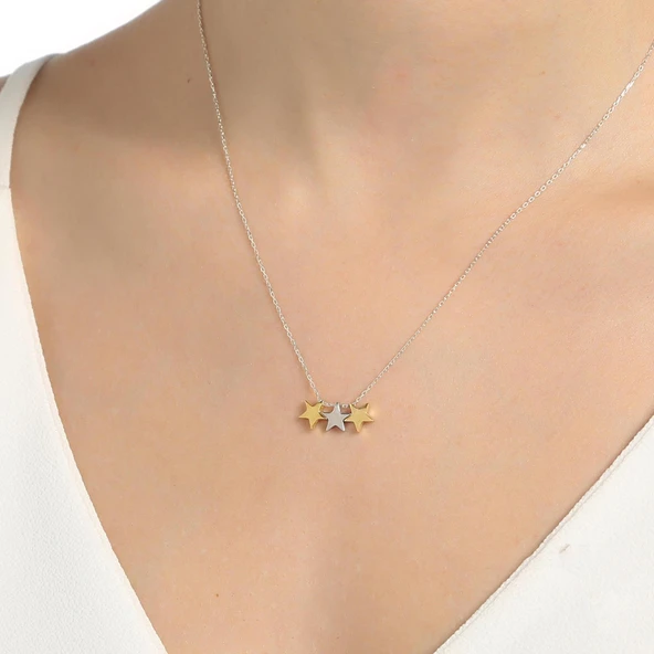 925 Ayar Gümüş Minik Yıldız Kolye, Beyaz - Sarı ürün görseli