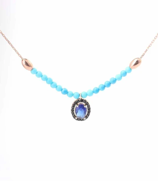 925 Ayar Gümüş Safir ve Firuze Taşlı Kolye - Resim 6