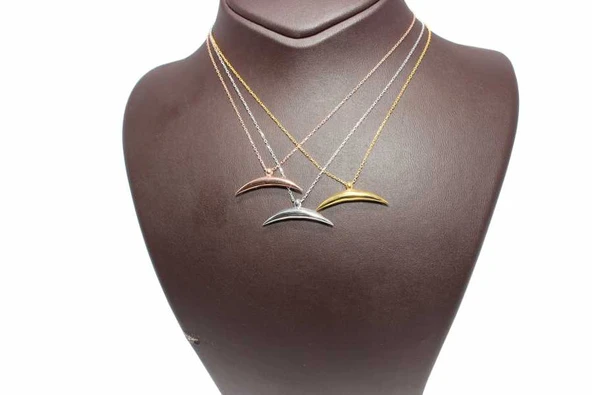 925 Ayar Gümüş Yarım Hilal Kolye, Beyaz - Resim 4