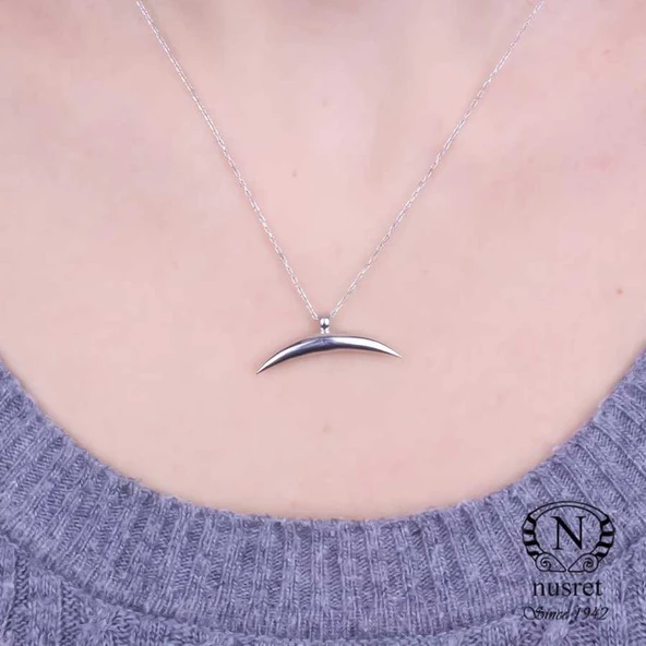 925 Ayar Gümüş Yarım Hilal Kolye, Beyaz - Resim 2