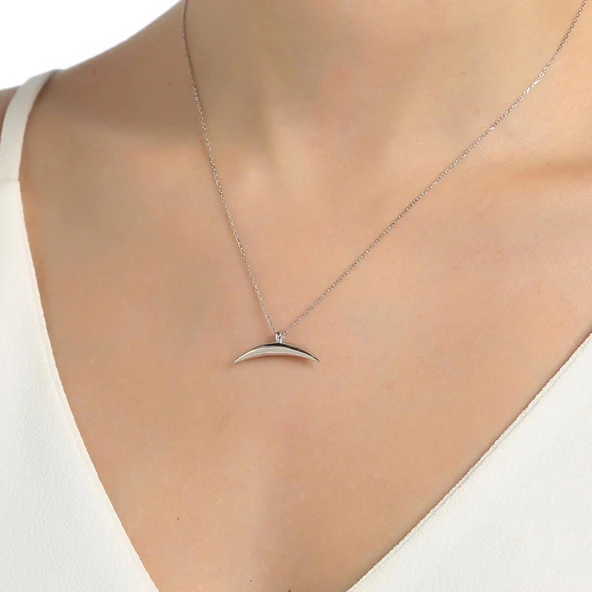 925 Ayar Gümüş Yarım Hilal Kolye, Beyaz ürün görseli