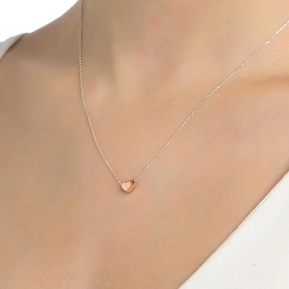 925 Ayar Gümüş Minik Kalp Kolye, Beyaz - Pembe ürün görseli