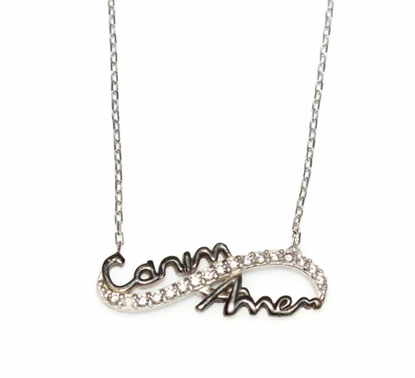 925 Ayar Gümüş Canım Annem Sonsuzluk Kolye, Beyaz - Beyaz Taş - Resim 3