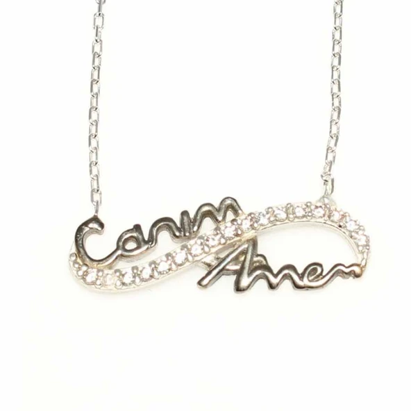 925 Ayar Gümüş Canım Annem Sonsuzluk Kolye, Beyaz - Beyaz Taş - Resim 4