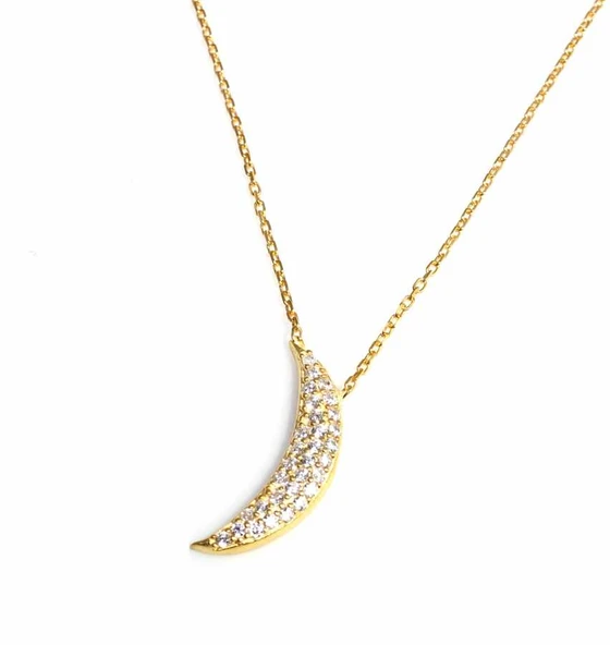 925 Ayar Gümüş Ay Kolye, Sarı - Beyaz Taş ürün görseli