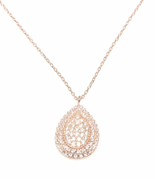 925 Ayar Gümüş Damla ve Taşlı Kolye, Pembe - Beyaz Taş - Resim 3