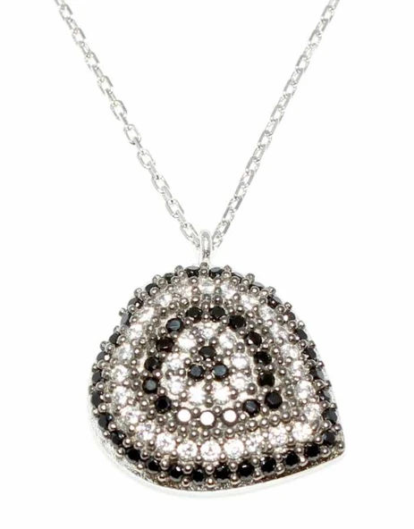 925 Ayar Gümüş Nazar Kalp Kolye Beyaz - Siyah Taş - Resim 2