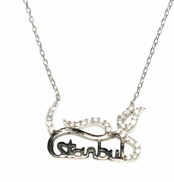 925 Ayar Gümüş İstanbul Lalesi Kolye, Beyaz - Beyaz Taş - Resim 3