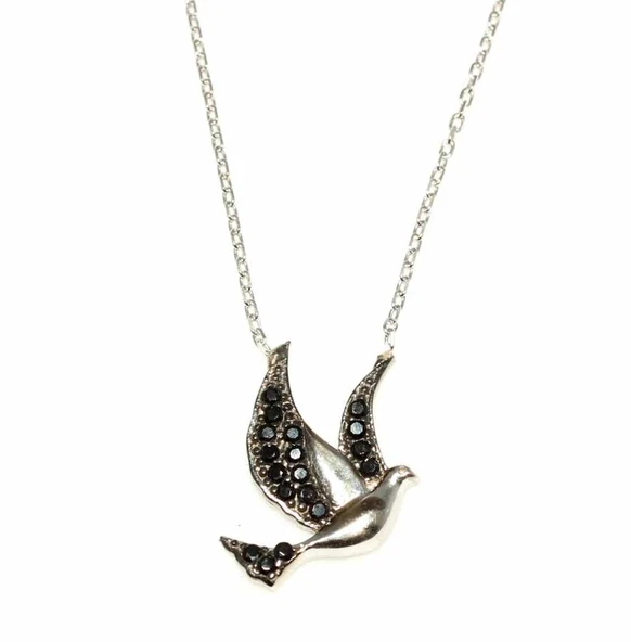 925 Ayar Gümüş Barış Güvercini Kolye, Beyaz  Siyah - Siyah Taş ürün görseli