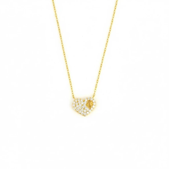 925 Ayar Gümüş Kalp Anahtar Deliği Kolye, Beyaz Taş - Resim 5