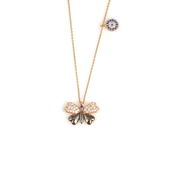 925 Ayar Gümüş Kelebek ve Nazar Boncuğu Kolye, Pembe, Beyaz ve Mavi Taş ürün görseli