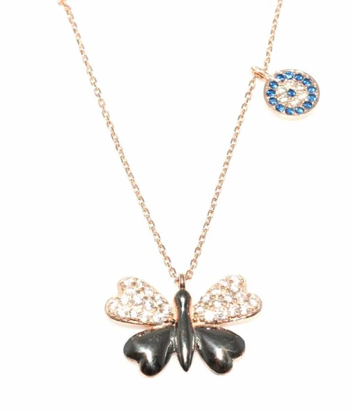 925 Ayar Gümüş Kelebek ve Nazar Boncuğu Kolye, Pembe, Beyaz ve Mavi Taş - Resim 2