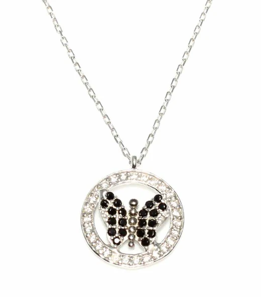 925 Ayar Gümüş Kelebek Kolye, Beyaz - Siyah Taş - Resim 3