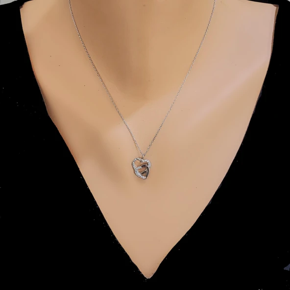 925 Ayar Gümüş Kalemli Çift Kalp Kolye, Beyaz - Beyaz Taş ürün görseli