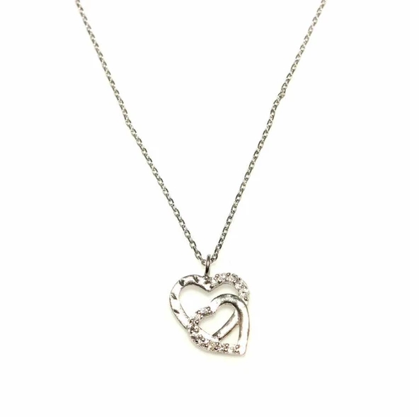925 Ayar Gümüş Kalemli Çift Kalp Kolye, Beyaz - Beyaz Taş - Resim 3