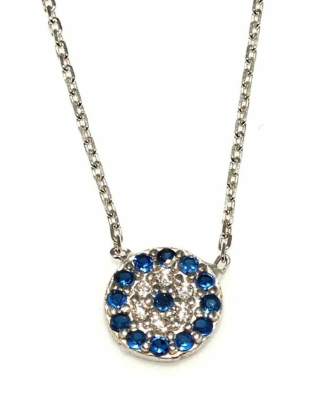 925 Ayar Gümüş Nazar Boncuğu Kolye, Beyaz - Mavi, Beyaz Taş ürün görseli