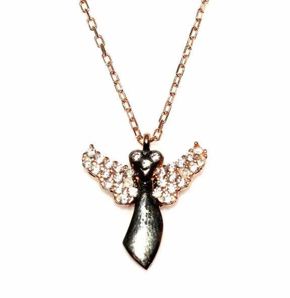 925 Ayar Gümüş Melek Modeli Kolye, Pembe Siyah - Beyaz Taş ürün görseli 1