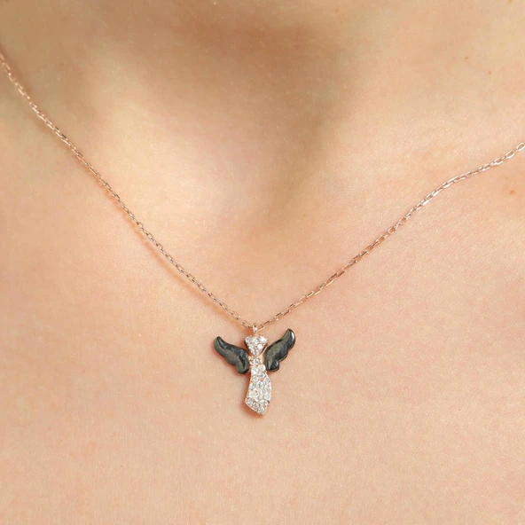 925 Ayar Gümüş Melek Kolye, Pembe Siyah - Beyaz Taş ürün görseli