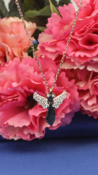 925 Ayar Gümüş Melek Modeli Kolye, Pembe Siyah - Beyaz Taş - Resim 2