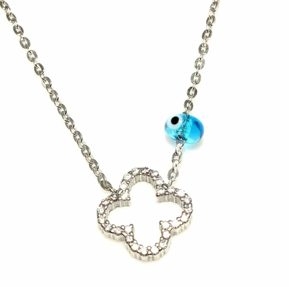 925 Ayar Gümüş Nazar Boncuklu Papatya Kolye, Beyaz - Beyaz Taş - Resim 3