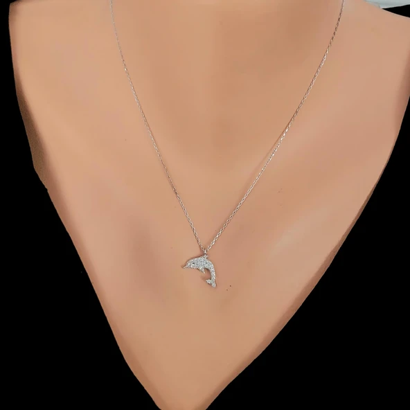 925 Ayar Gümüş Yunus Kolye, Beyaz - Beyaz Taş ürün görseli