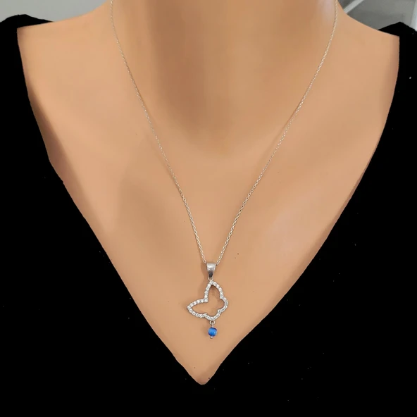 925 Ayar Gümüş Nazar boncuklu Kelebek Kolye, Beyaz - Beyaz Taş ürün görseli 1