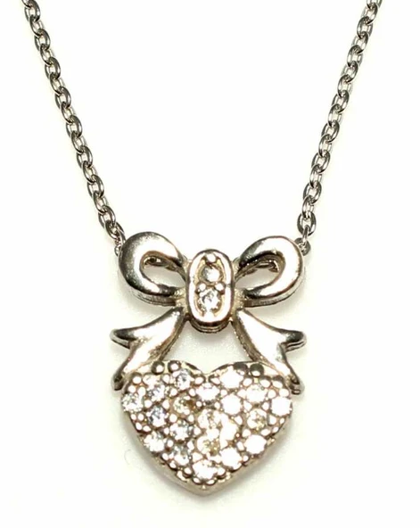 925 Ayar Gümüş Fiyonklu Kalp Kolye, Beyaz - Beyaz Taş - Resim 2