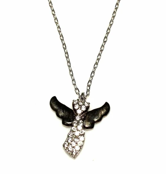 Melek 925 Ayar Gümüş Kolye, Beyaz Siyah - Beyaz Taş ürün görseli