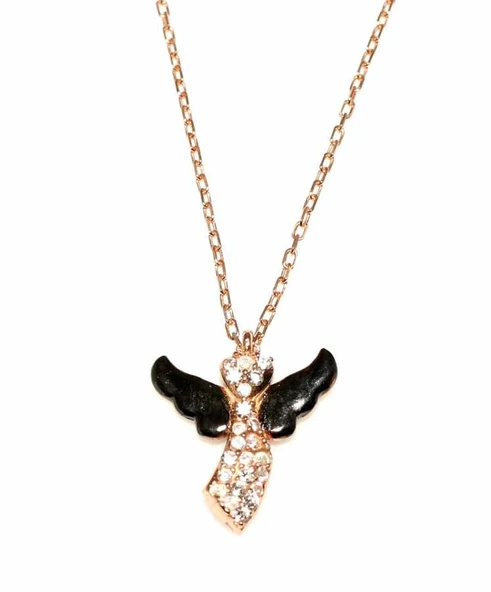 925 Ayar Gümüş Melek Kolye, Pembe Siyah - Beyaz Taş - Resim 2