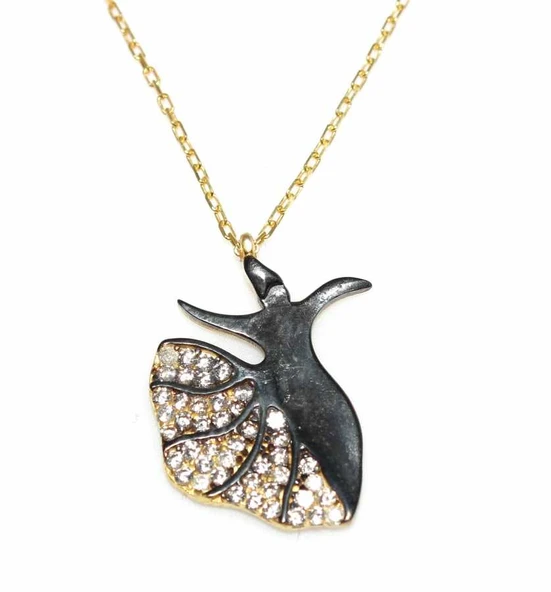 925 Ayar Gümüş Mevlana Kolye, Sarı Siyah - Beyaz Taş - Resim 3