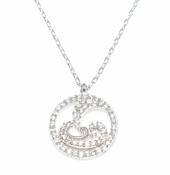 925 Ayar Gümüş Çemberli Vav ve Ay Kolye, Beyaz - Beyaz Taş ürün görseli