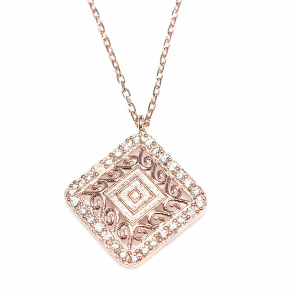 925 Ayar Gümüş Kare Kolye, Pembe - Beyaz Taş - Resim 2