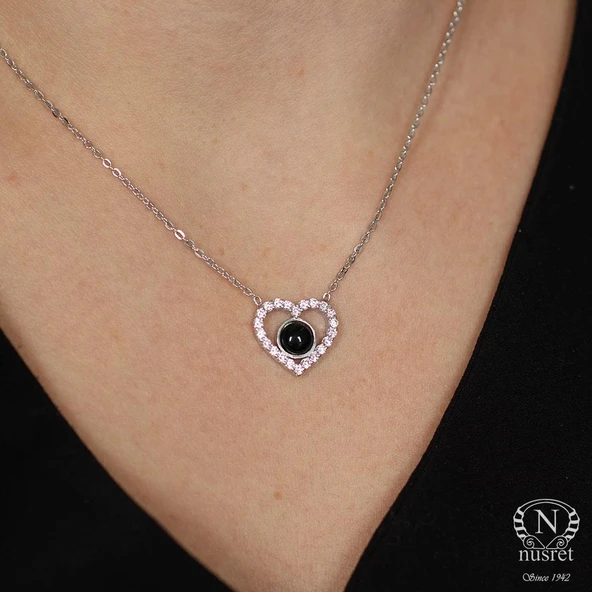 925 Ayar Gümüş Kalp Kolye, Beyaz, Siyah Taşlı ürün görseli 1