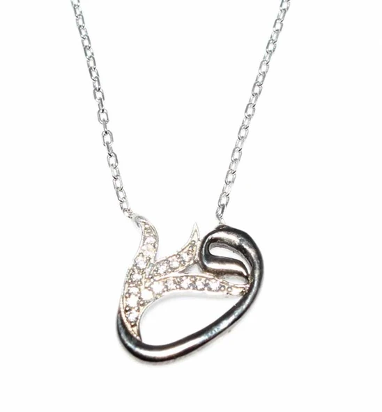 925 Ayar Gümüş Lale Vav Kolye, Beyaz Siyah - Beyaz Taş - Resim 3