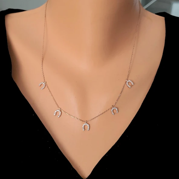 925 Ayar Gümüş Nal Şans Kolye, Pembe - Beyaz Taş ürün görseli