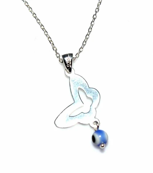 925 Ayar Gümüş Nazar Boncuklu Kelebek Kolye, Beyaz - Resim 4