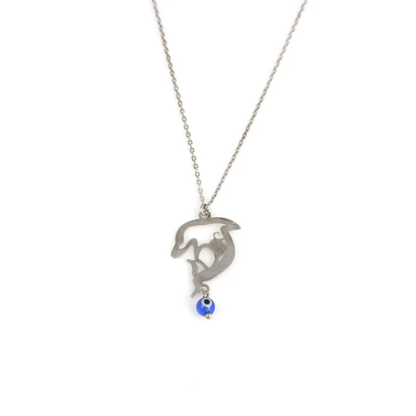 925 Ayar Gümüş Nazar Boncuklu Yunus Kolye, Beyaz - Resim 2