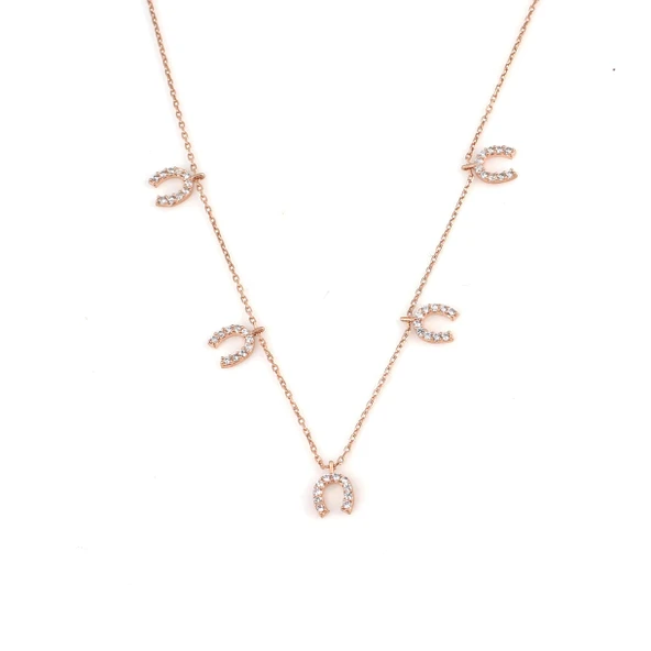 925 Ayar Gümüş Nal Şans Kolye, Pembe - Beyaz Taş - Resim 2