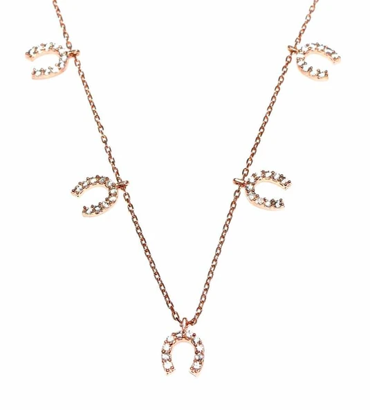 925 Ayar Gümüş Nal Şans Kolye, Pembe - Beyaz Taş - Resim 3