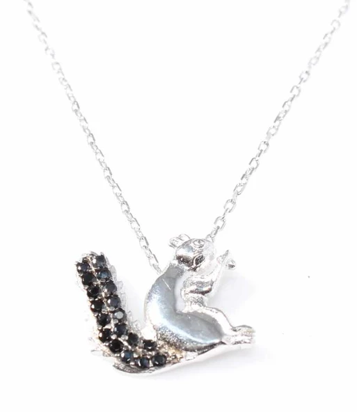 925 Ayar Gümüş Sincap Kolye, Beyaz - Siyah Taş - Resim 2