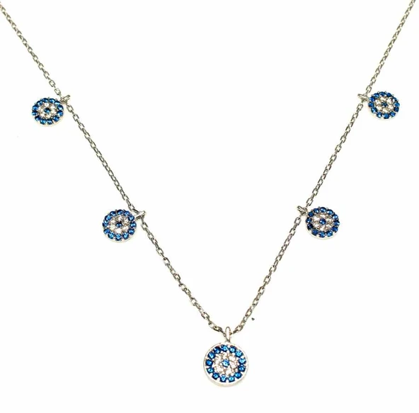 925 Ayar Gümüş Nazar Boncuklu Şans Kolyesi, Beyaz - Beyaz Mavi Taş - Resim 2