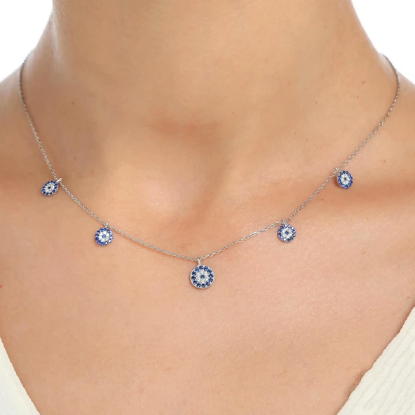 925 Ayar Gümüş Nazar Boncuklu Şans Kolyesi, Beyaz - Beyaz Mavi Taş ürün görseli