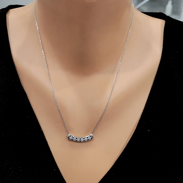 925 Ayar Gümüş Taşlı Kolye, Beyaz - Beyaz Siyah Taş ürün görseli