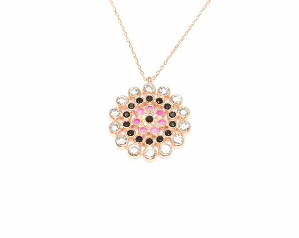 925 Ayar Gümüş Yuvarlak Taşlı Kolye, Pembe - Siyah Kırmızı Beyaz Taş - Resim 4