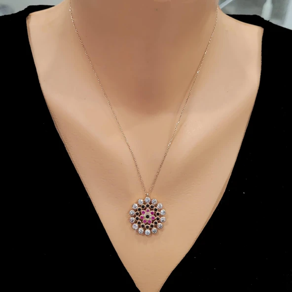 925 Ayar Gümüş Yuvarlak Taşlı Kolye, Pembe - Siyah Kırmızı Beyaz Taş ürün görseli