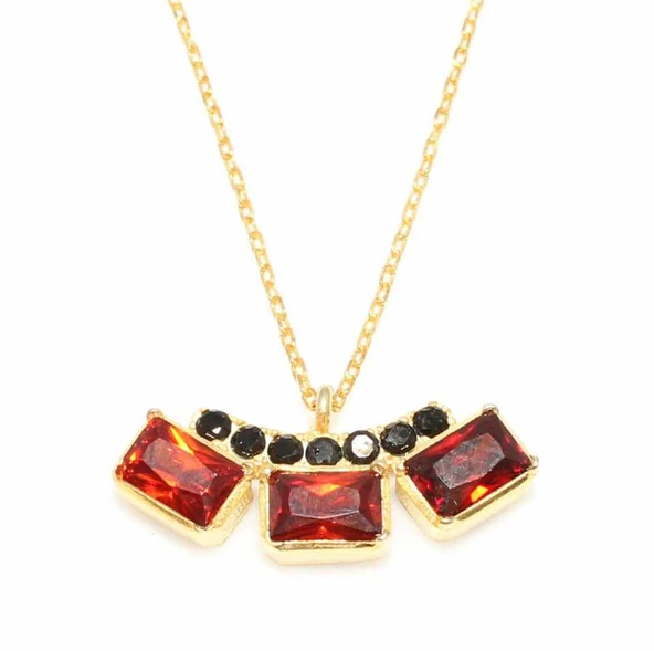 925 Ayar Gümüş 3 Taşlı Kolye, Pembe - Turuncu, Siyah Taş - Resim 3
