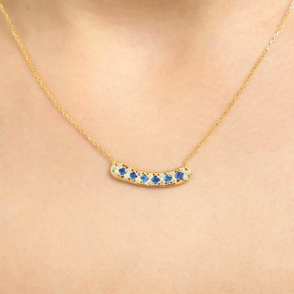 925 Ayar Gümüş Taşlı Kolye, Sarı - Mavi Beyaz Taş ürün görseli 1